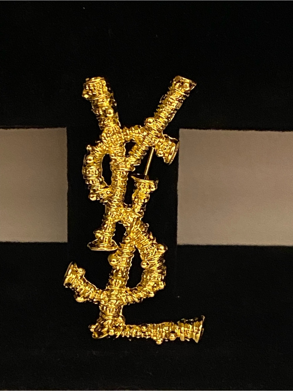 Yves Saint Laurent Textured Gold YSL Logo Brooch Pin Unisex